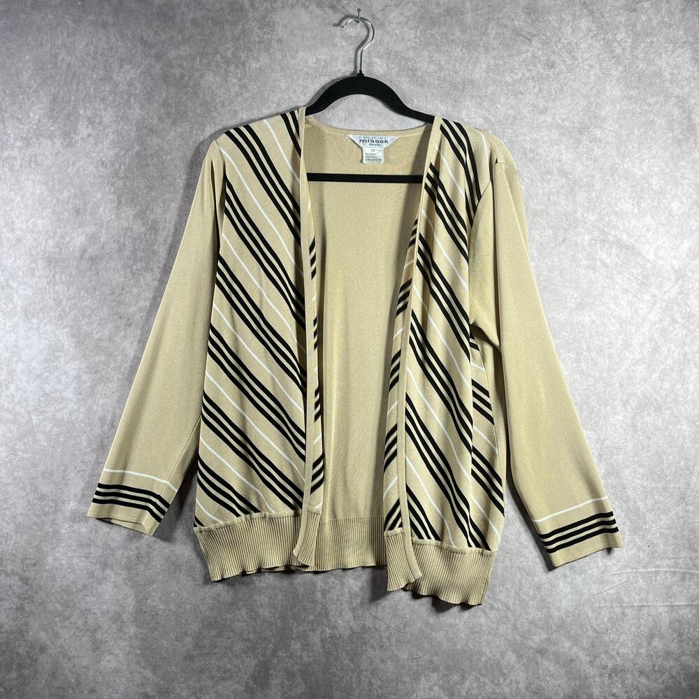 Exclusively Misook Cardigan Sweater Womens‎ Medium Petite Tan Striped Open Front